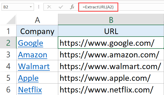 Using formula to extract URL from a cell in Excel