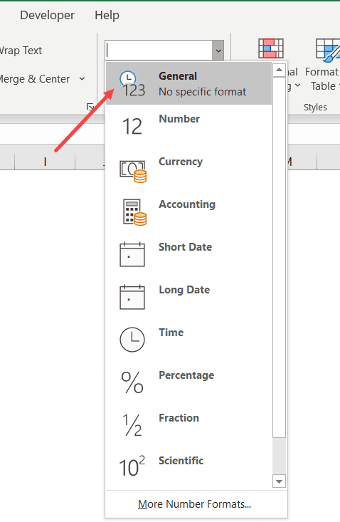 Select General as the format