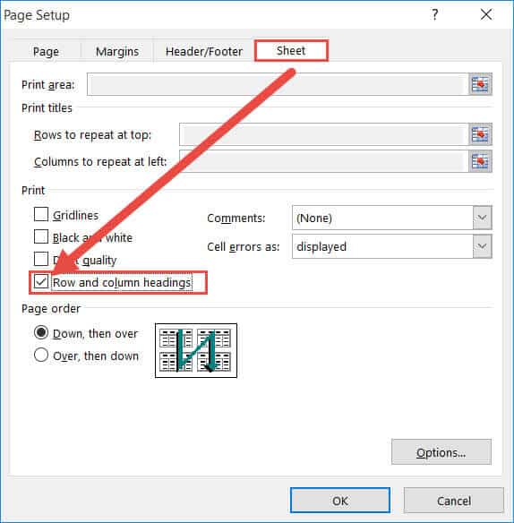 Click on Row and Sheet headings