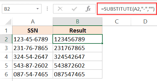 Substitute-formula-to-remove-dashes-hyphens-in-Excel