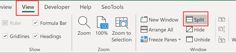 Split option in the ribbon