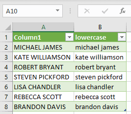 Resulting table with lowercase transformed data