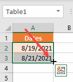 Fill handle appears when cell is selected