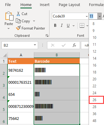 Change the font size to make the barcode bigger