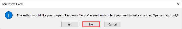 Select No on Read-Only file opening prompt