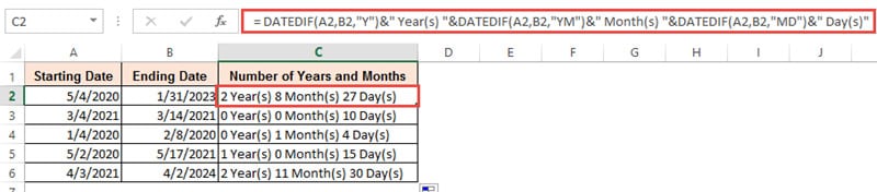 Number of years, months and days