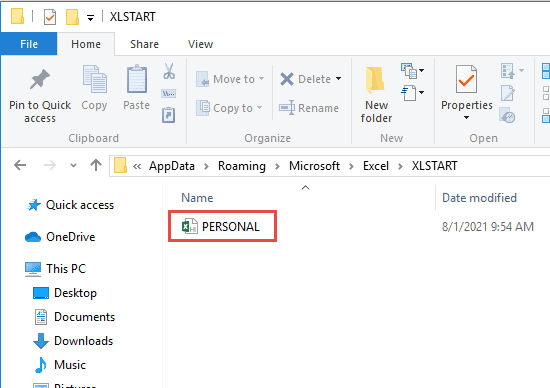 PERSONAL file in the XLSTART folder