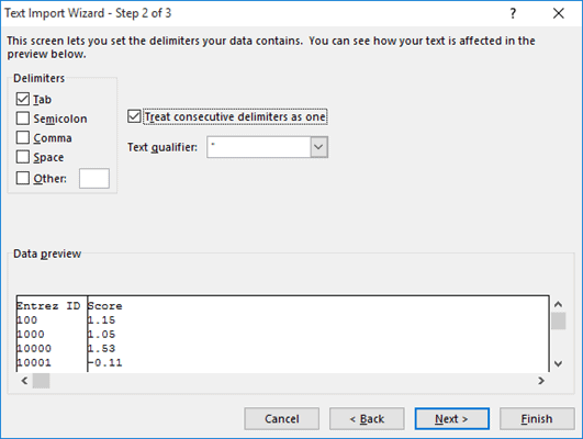 Step 2 settings for text import wizard