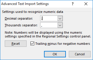 Advanced Text Import Settings dialog box