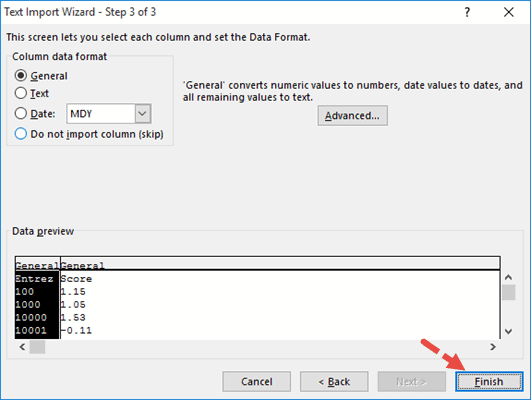 Finish importing text file into Excel