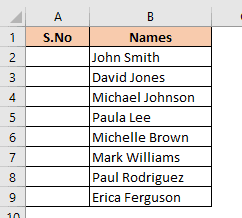 Dataset without sequence numbers in column A