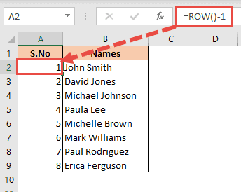 Enter ROW formula in cell A2