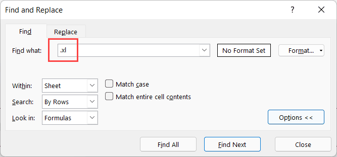 Enter XL in the Find what field