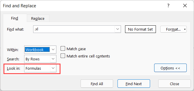 Look in Formulas options need to be selected