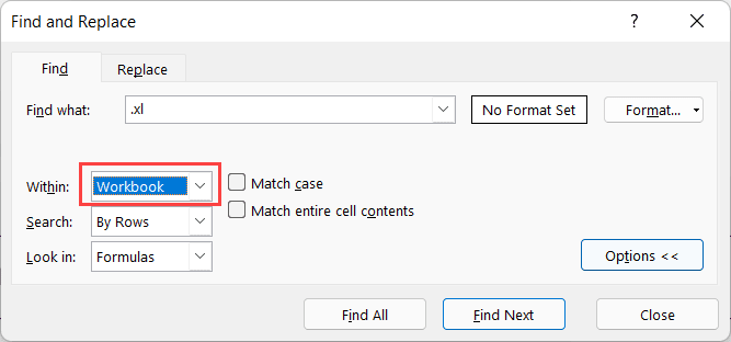 Make sure Within Workbook is set