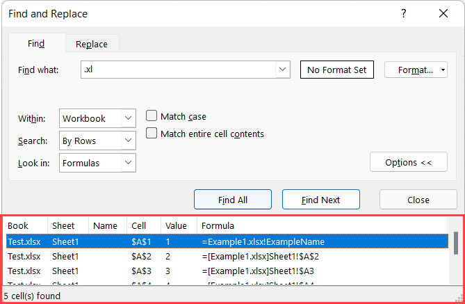 References of all the found cells with external Links