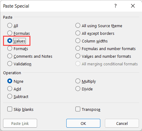 Select Values option