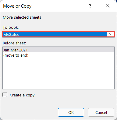 Select the file to which to move the sheets