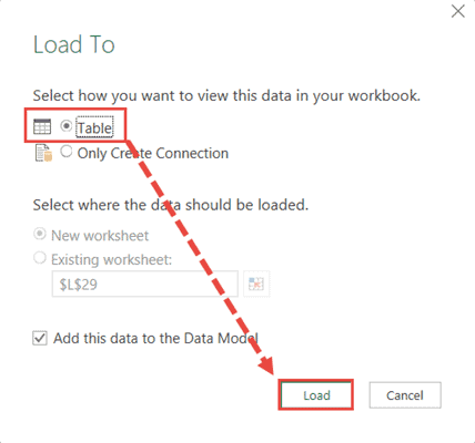 Load as a table in the worksheet