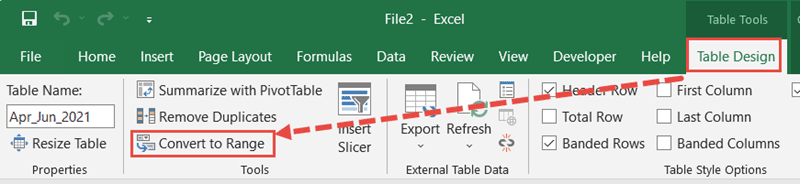 Convert to Range option in Table Design