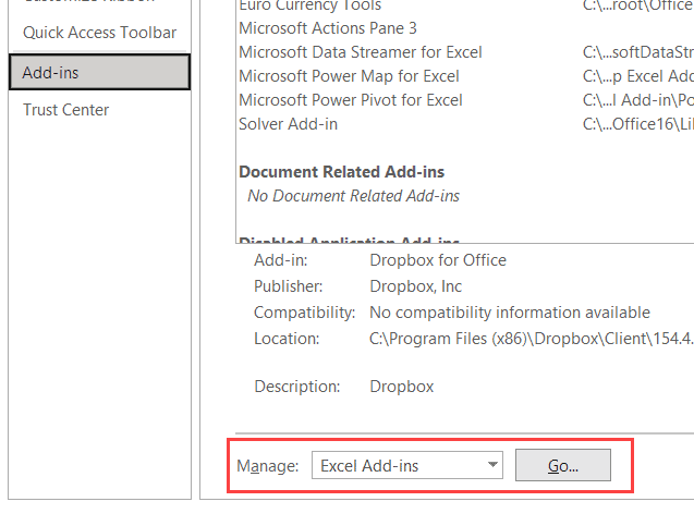 manage add-in drop down