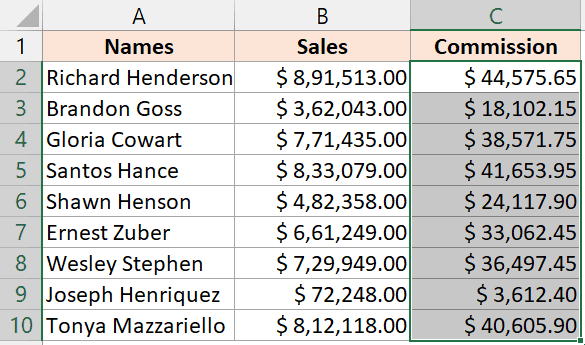 formula applied to the entire column using control + D