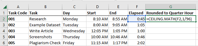 enter the ceiling formula in cell G2