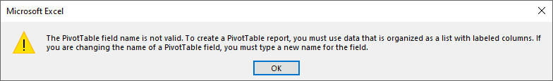 Pivot Table Field Name is Not Valid error prompt