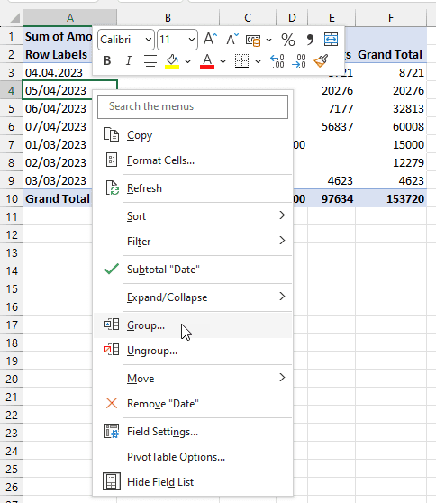 right click on the pivot table column and then click on the group option