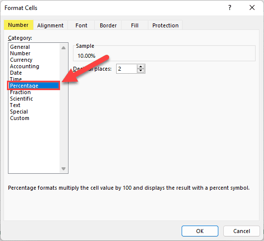 select the percentage option in the category list