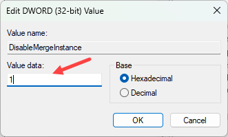 Enter the value of 1 in the value data field.