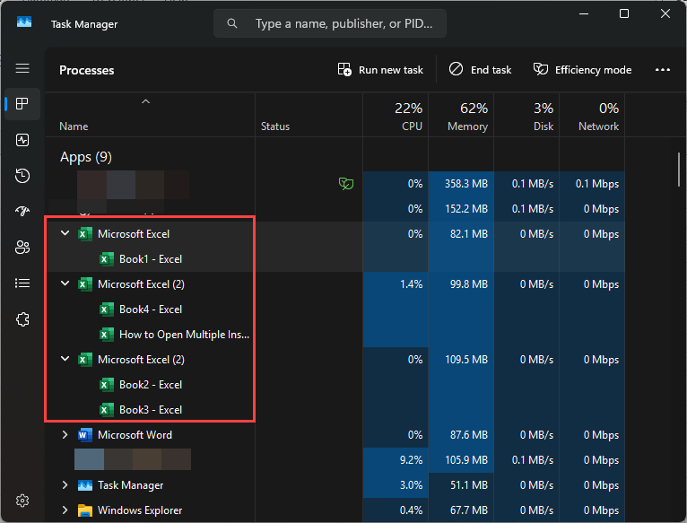 Task manager to know which instance of Excel is running.