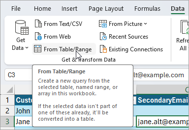 Open the data in Power Query Editor by clicking on the 'from Table Range' button. 