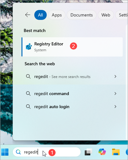 Click on the registry editor option in the search results.