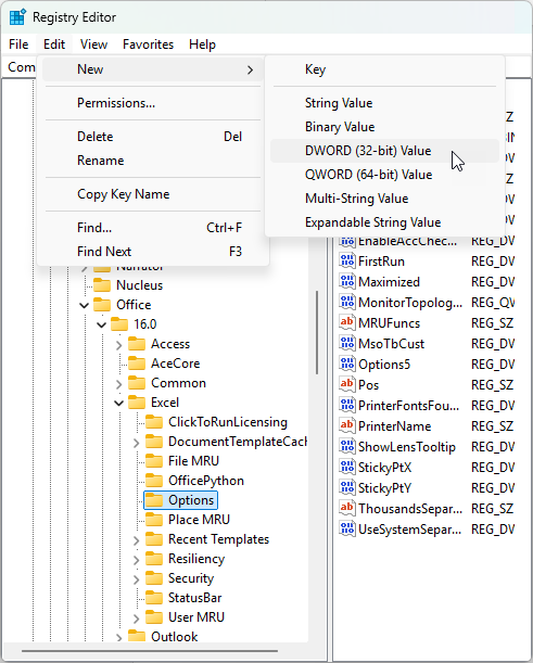 click the DWORD (32-bit) Value option