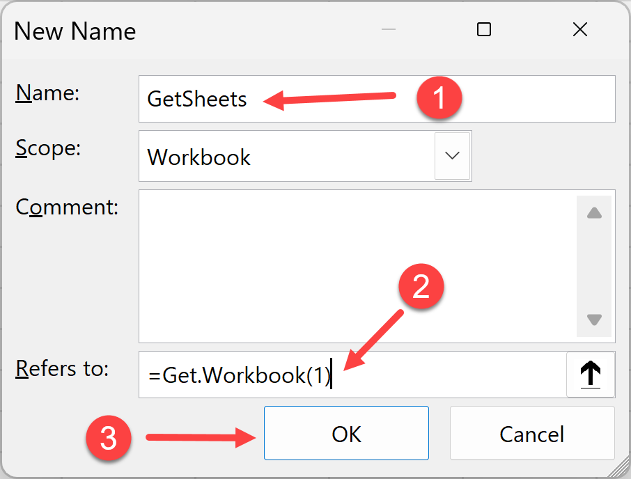 Create a new named range from the new name dialog box.