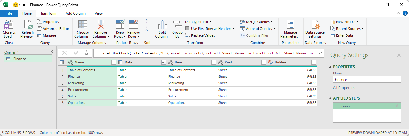 Workbooks metadata in Power Query.