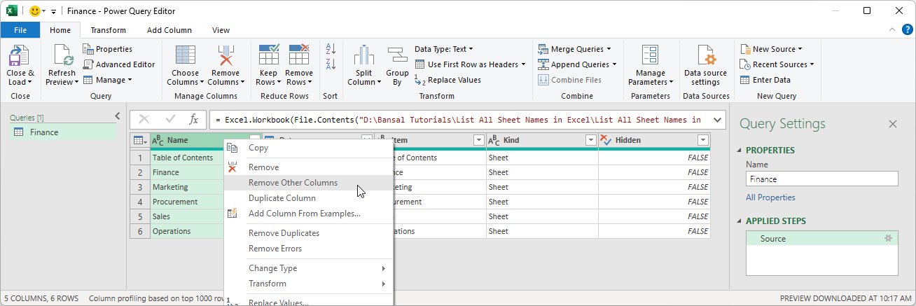 Click on the 'Remove other columns' option.