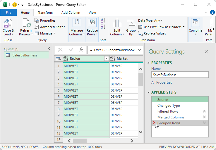 Click on the 'X' icon to undo a step in power query