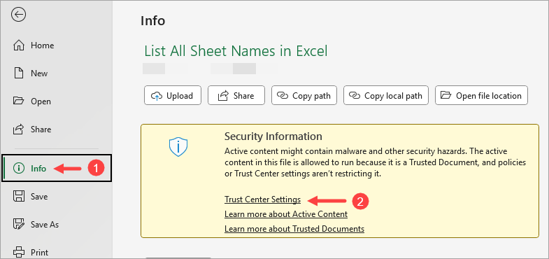 Click on the Trust Centre settings in the Info group.