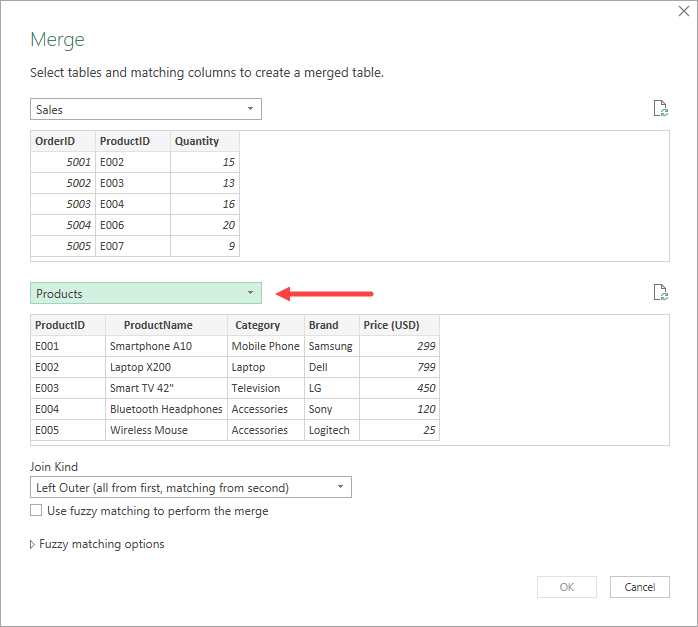 Select the two queries you want to merge