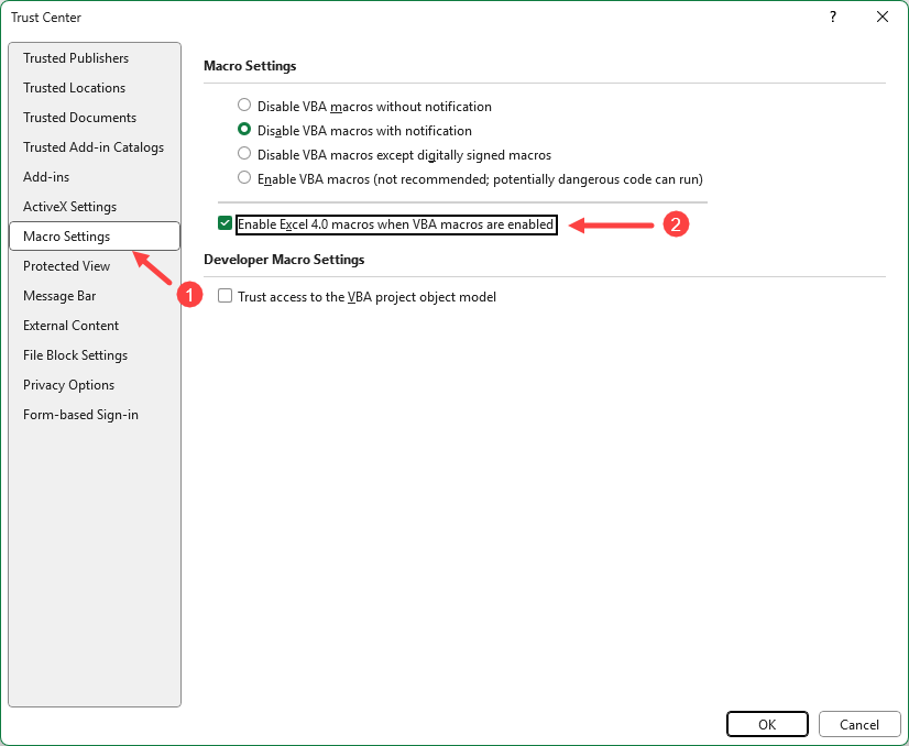 Check the option Enable Excel 4.0 Macros when VBA macros are enabled.