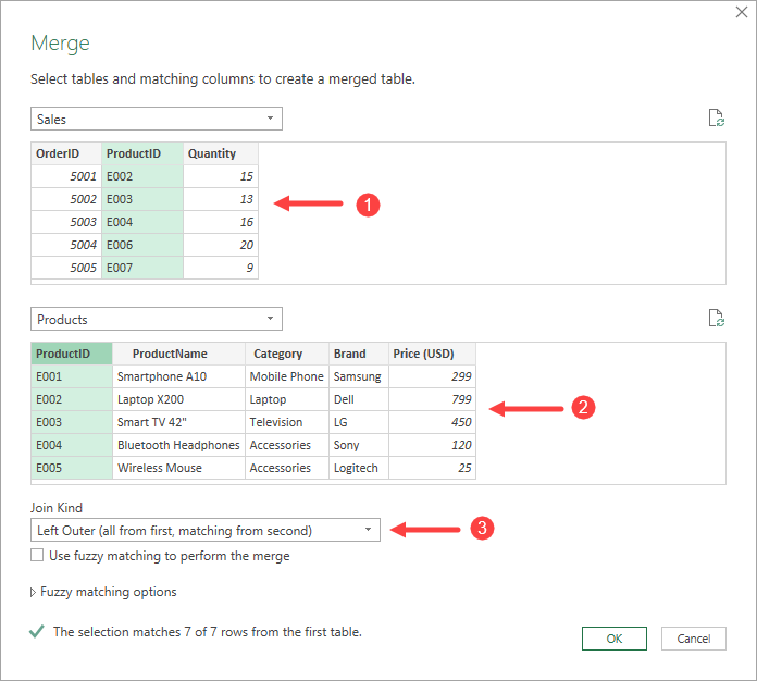 Select the key column in both the queries that you want to merge.