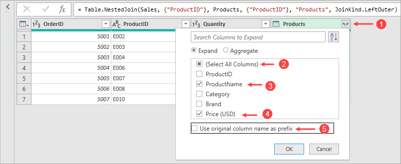 Select the columns that you want to appear in the merged table, in the merged query.