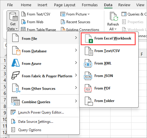 Click on the 'From Excel Workbook' option in the Data tab.
