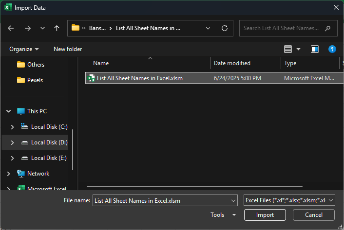 Select the workbook from which you want to get the sheet names.