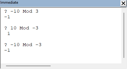 Using mod with negative values in VBA Excel.