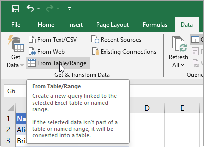 Click on the 'From Table Range' option in the 'Data' tab in the ribbon. 