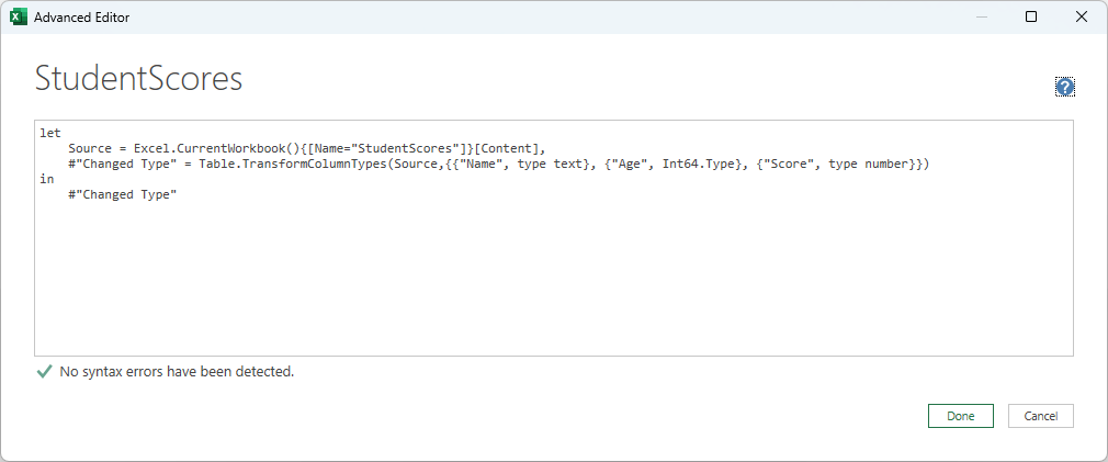 Advanced Editor shows the entire code of all the steps in Power Query so far. 