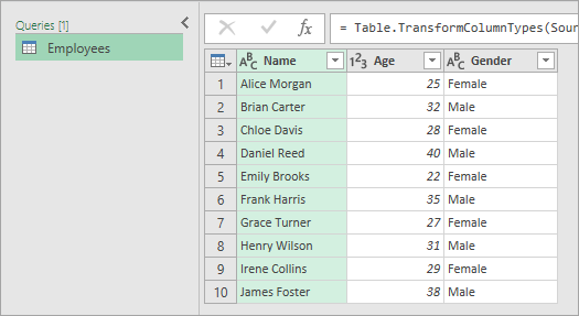 Table data is now loaded into Power Query. 